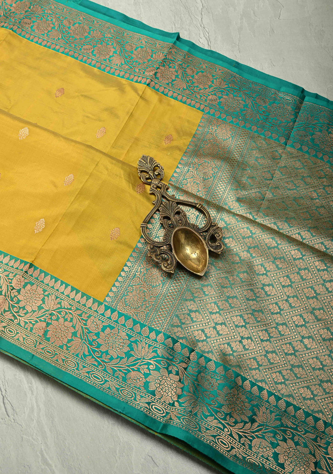 Frost Mustard Yellow Banarasi Katan Silk Saree with Zari Buttas and Contrast Zari Border | SILK MARK CERTIFIED