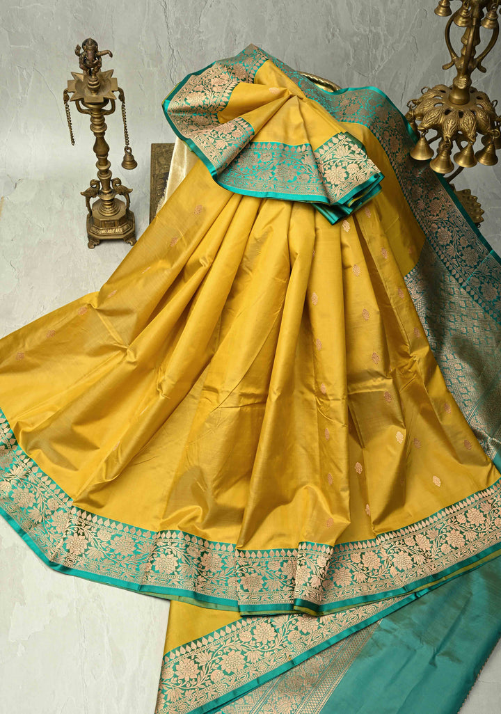 Frost Mustard Yellow Banarasi Katan Silk Saree with Zari Buttas and Contrast Zari Border | SILK MARK CERTIFIED