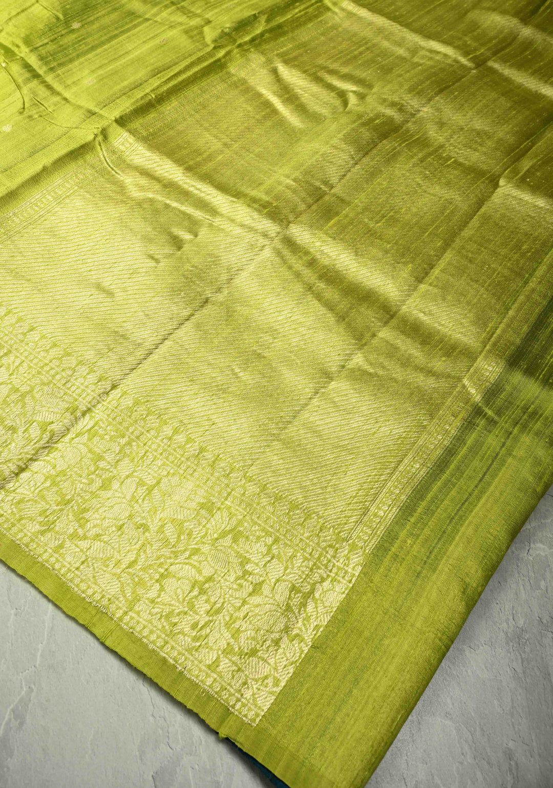Chartreuse Banarasi Raw Silk Saree with Silver Zari Buttis and Border | SILK MARK CERTIFIED