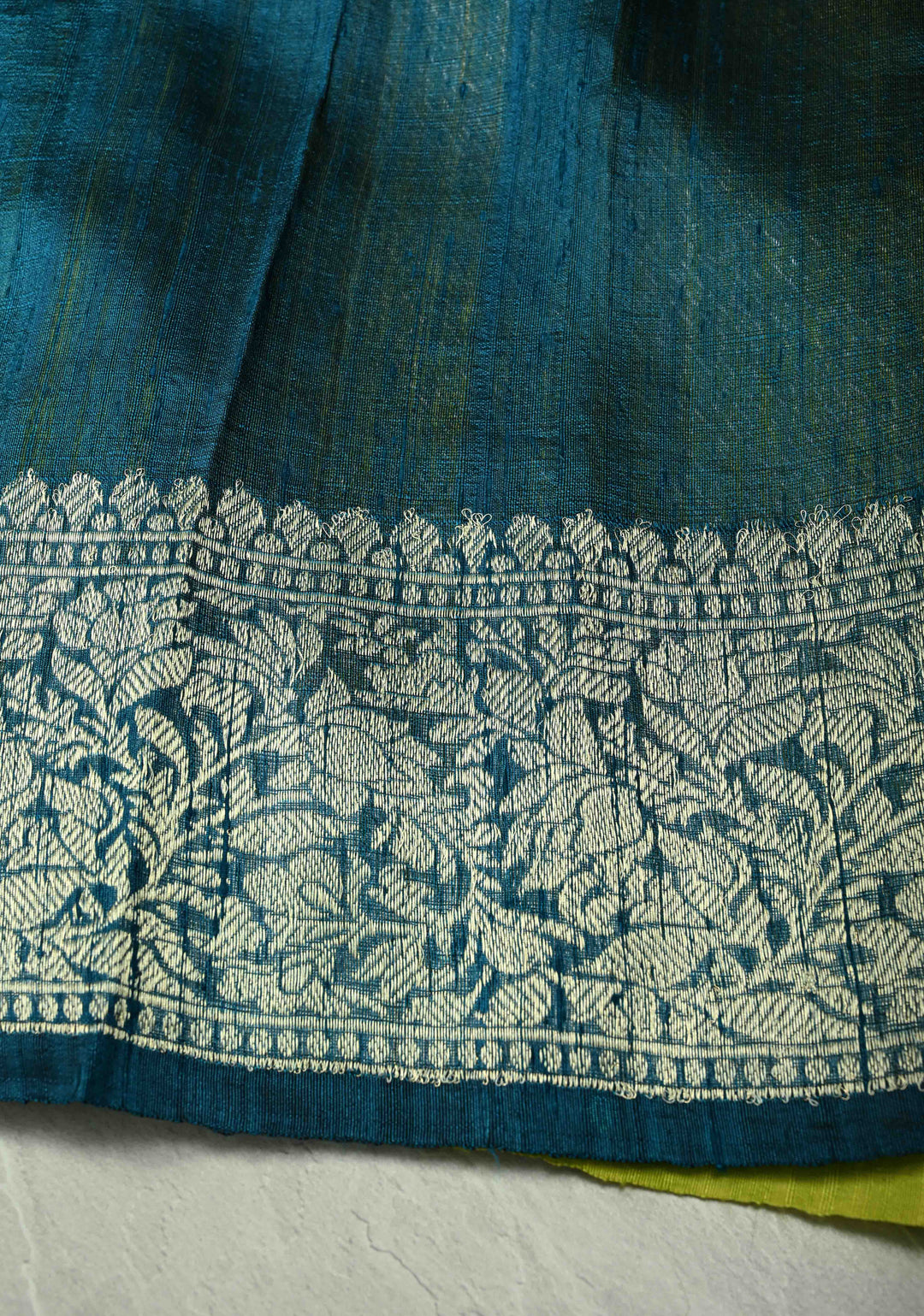 Chartreuse Banarasi Raw Silk Saree with Silver Zari Buttis and Border | SILK MARK CERTIFIED