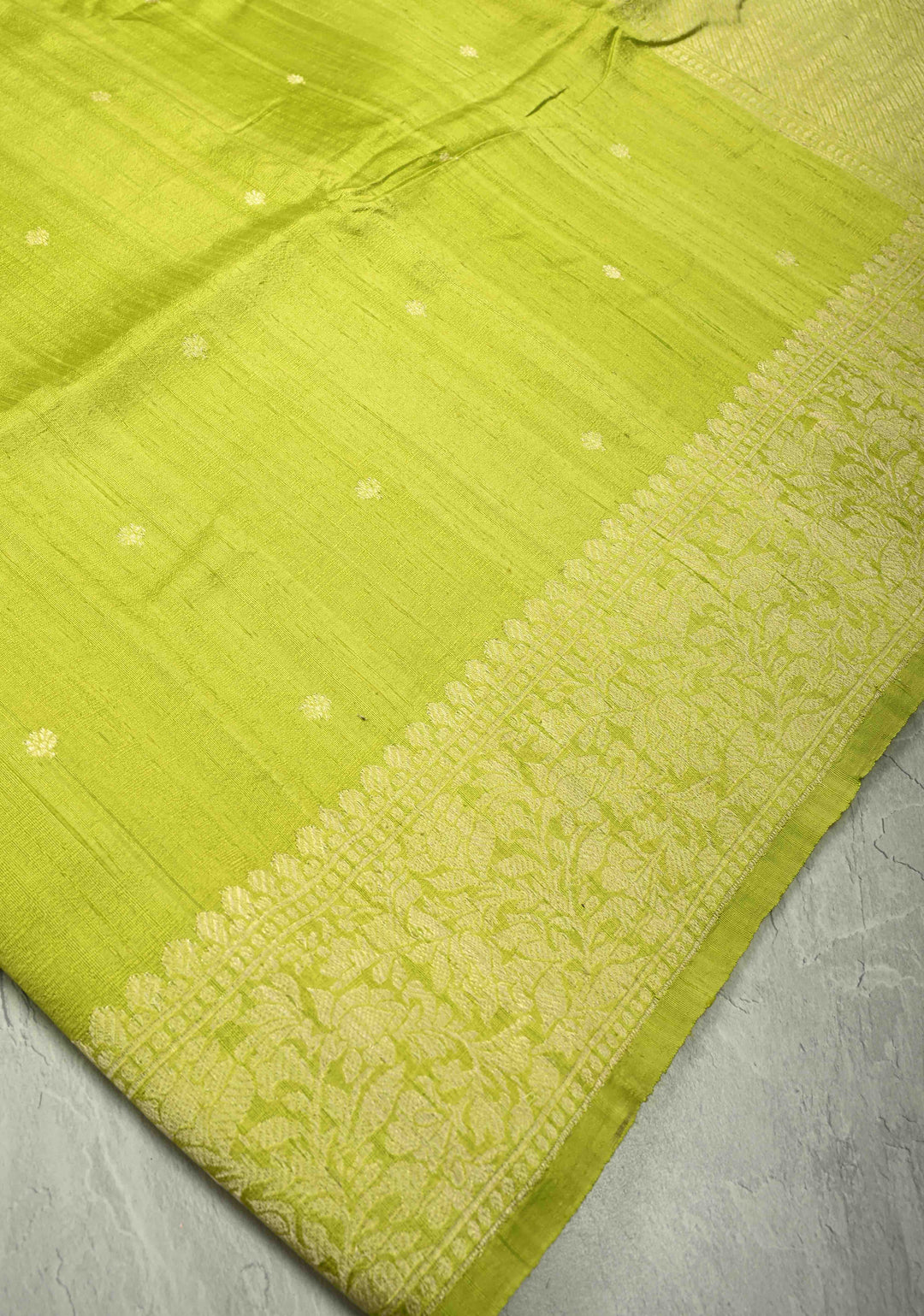 Chartreuse Banarasi Raw Silk Saree with Silver Zari Buttis and Border | SILK MARK CERTIFIED