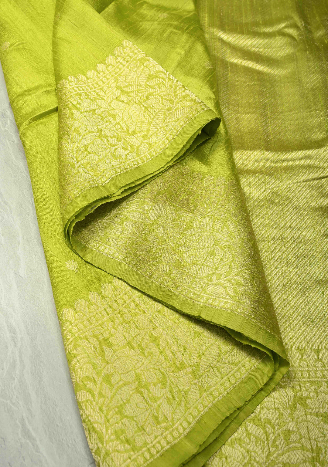 Chartreuse Banarasi Raw Silk Saree with Silver Zari Buttis and Border | SILK MARK CERTIFIED