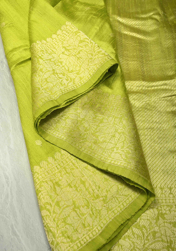 Chartreuse Banarasi Raw Silk Saree with Silver Zari Buttis and Border | SILK MARK CERTIFIED
