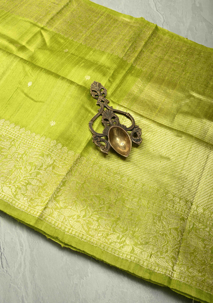 Chartreuse Banarasi Raw Silk Saree with Silver Zari Buttis and Border | SILK MARK CERTIFIED