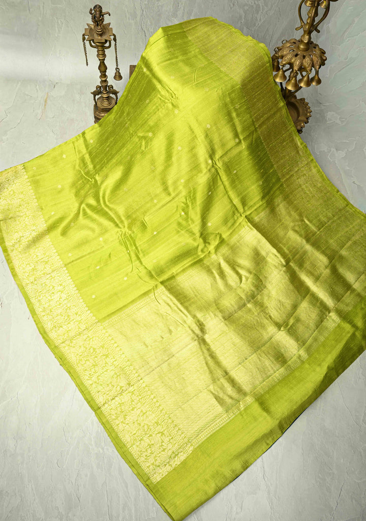 Chartreuse Banarasi Raw Silk Saree with Silver Zari Buttis and Border | SILK MARK CERTIFIED