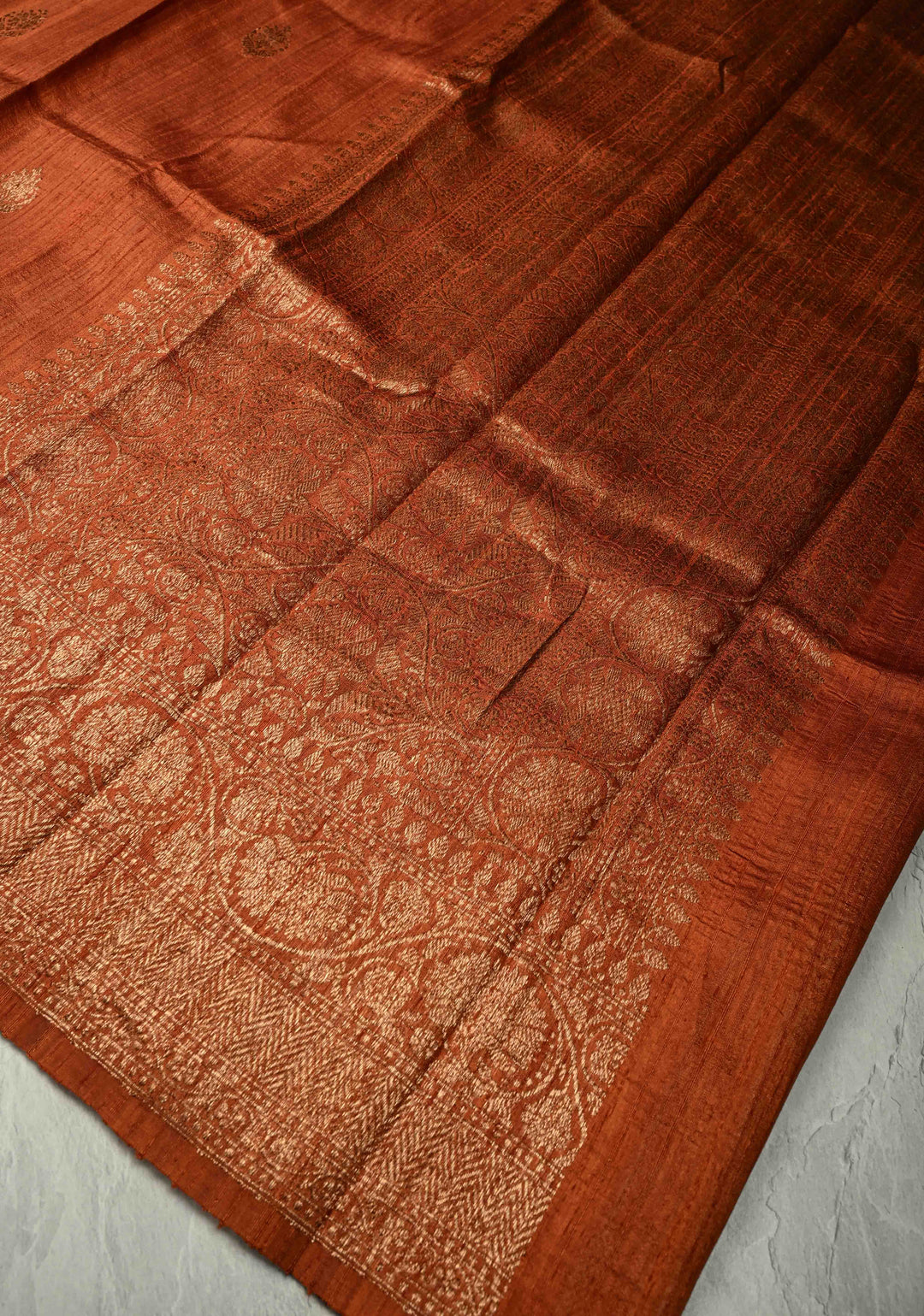 Camel Brown Banarasi Raw Silk Saree with Antique Floral Zari Buttas and Zari Border | SILK MARK CERTIFIED