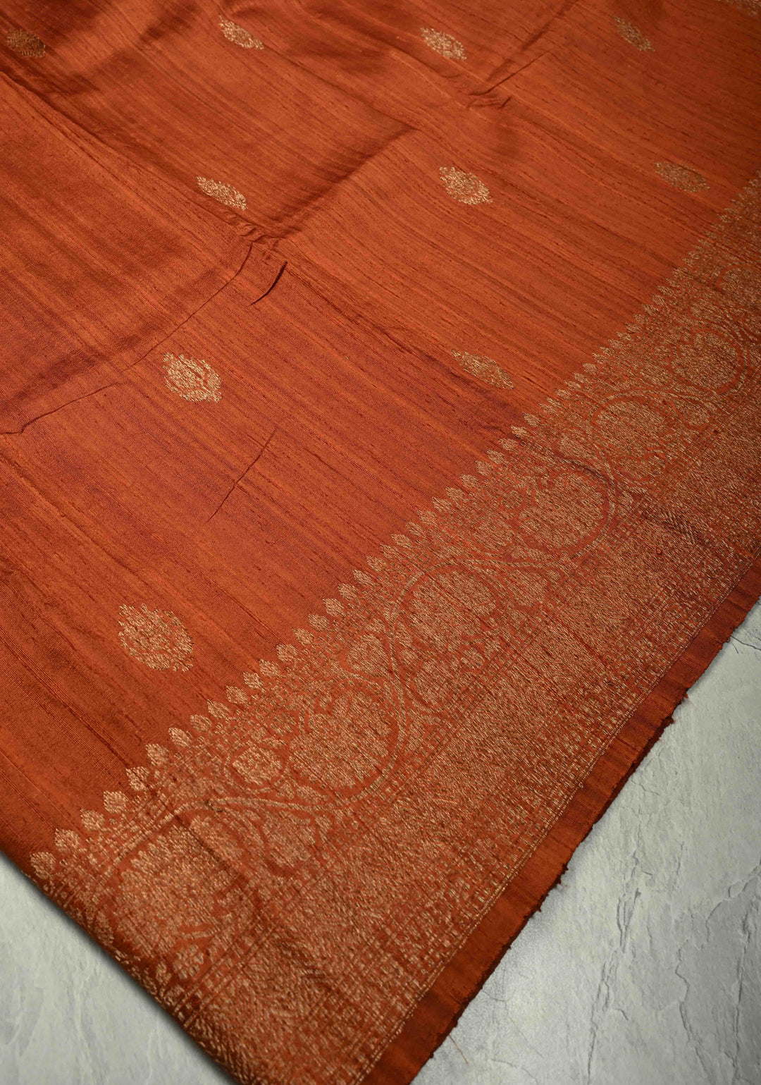 Camel Brown Banarasi Raw Silk Saree with Antique Floral Zari Buttas and Zari Border | SILK MARK CERTIFIED