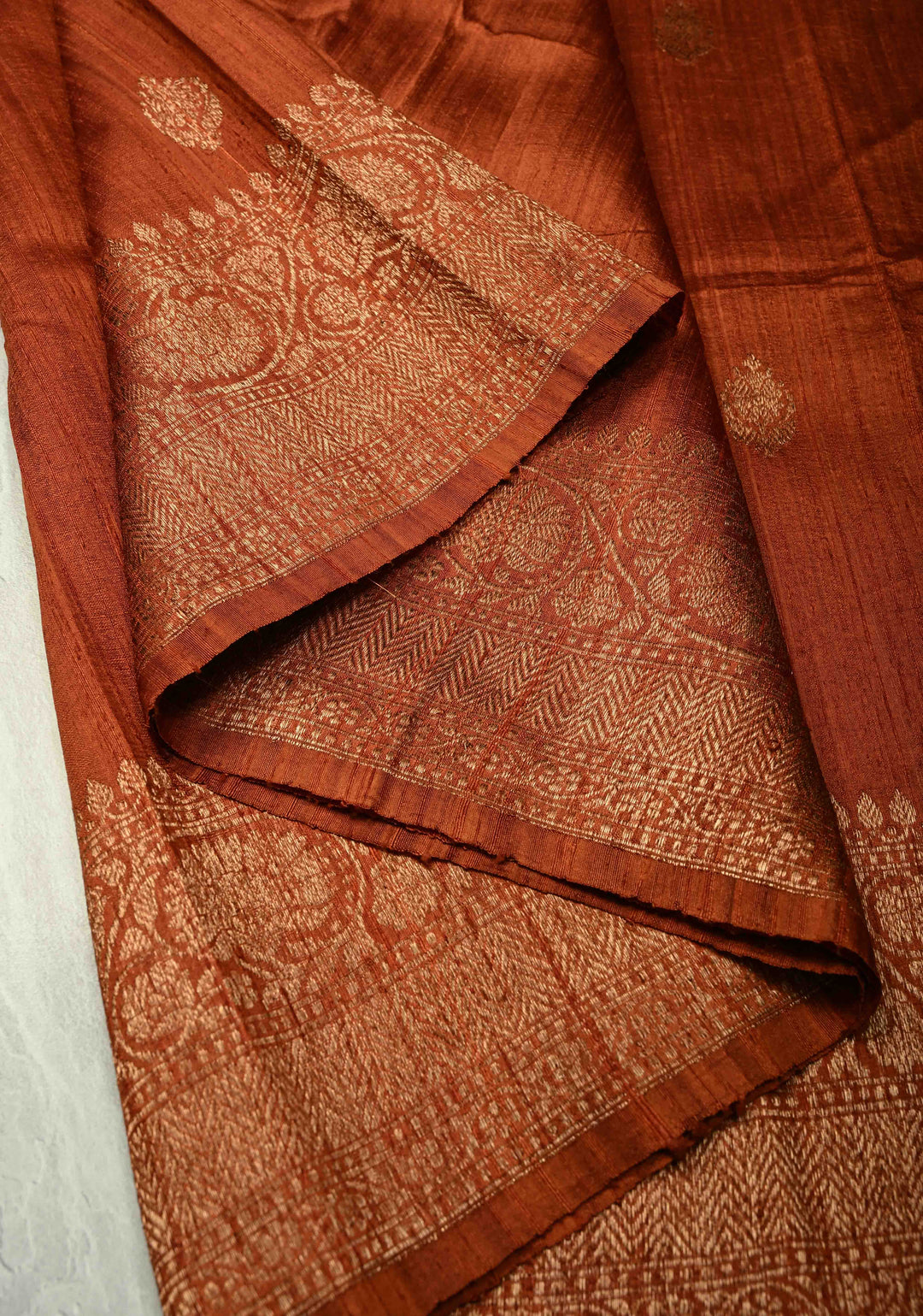 Camel Brown Banarasi Raw Silk Saree with Antique Floral Zari Buttas and Zari Border | SILK MARK CERTIFIED