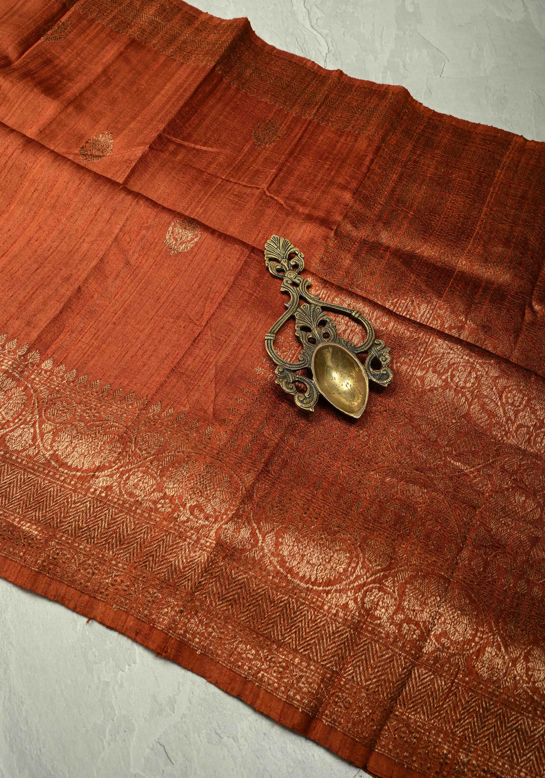 Camel Brown Banarasi Raw Silk Saree with Antique Floral Zari Buttas and Zari Border | SILK MARK CERTIFIED