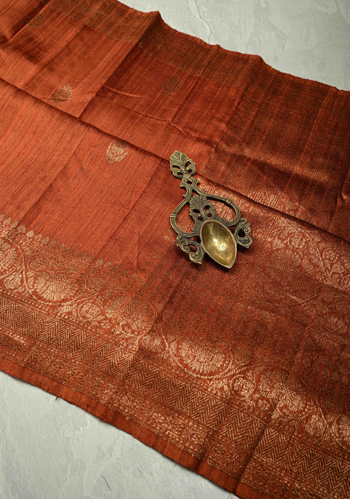 Camel Brown Banarasi Raw Silk Saree with Antique Floral Zari Buttas and Zari Border | SILK MARK CERTIFIED