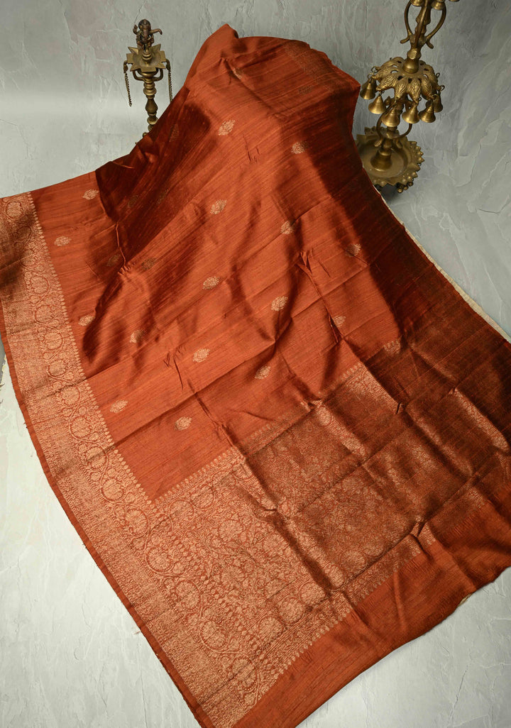 Camel Brown Banarasi Raw Silk Saree with Antique Floral Zari Buttas and Zari Border | SILK MARK CERTIFIED