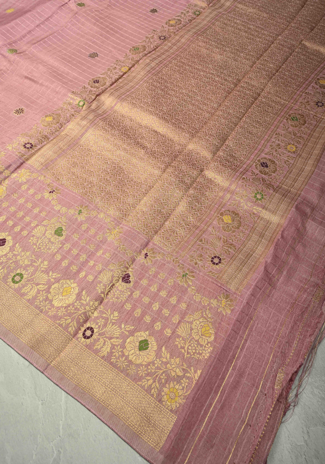Dusty Mauve Self Checks on Banarasi Semi Crepe Saree with Meenakari Zari Detailing and Border
