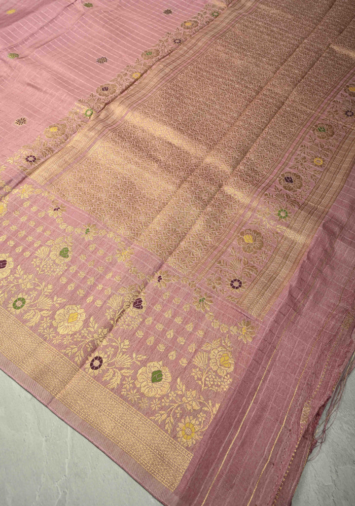 Dusty Mauve Self Checks on Banarasi Semi Crepe Saree with Meenakari Zari Detailing and Border