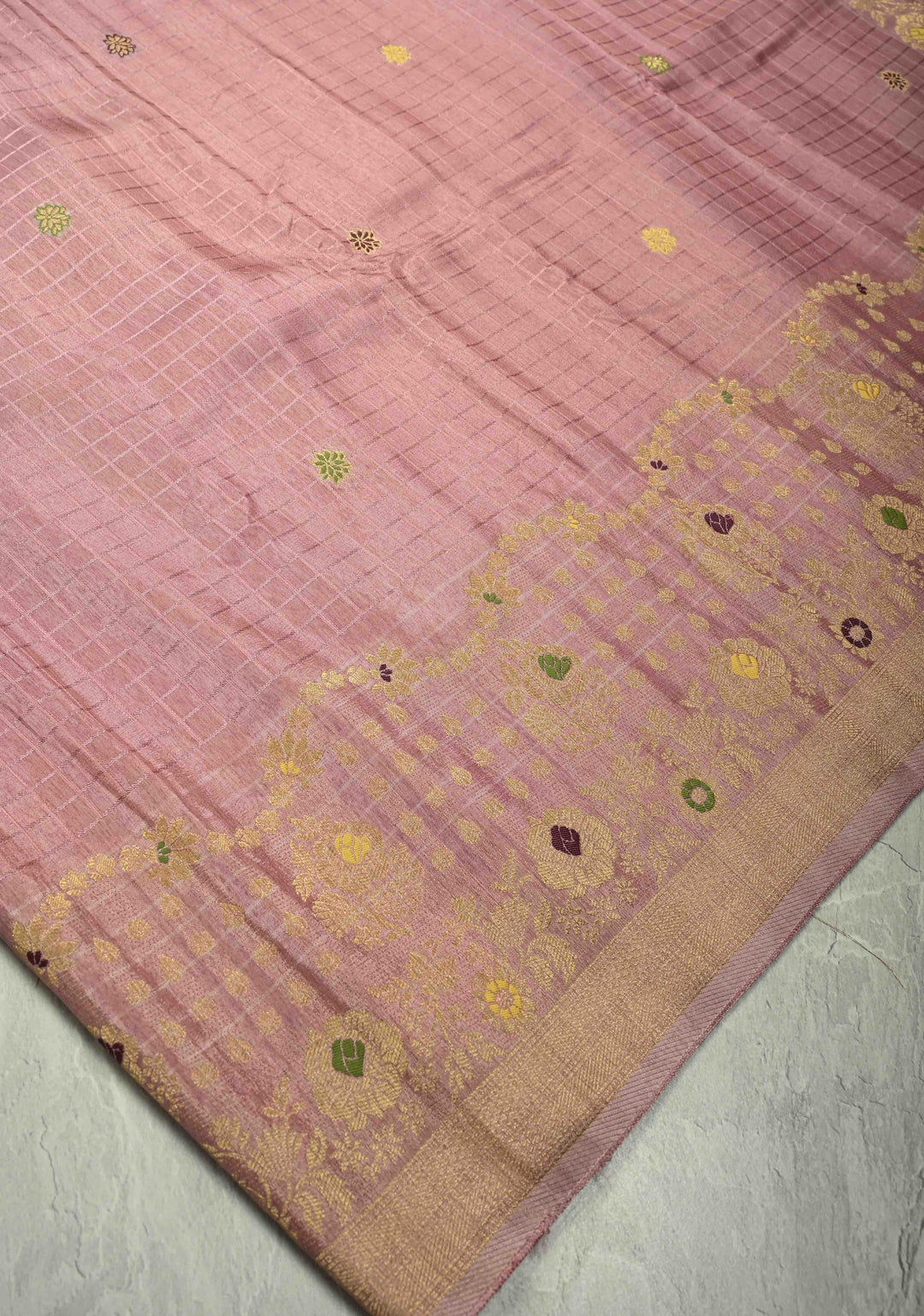 Dusty Mauve Self Checks on Banarasi Semi Crepe Saree with Meenakari Zari Detailing and Border