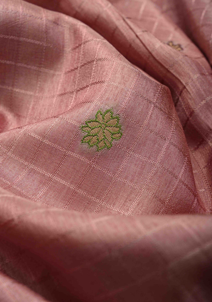 Dusty Mauve Self Checks on Banarasi Semi Crepe Saree with Meenakari Zari Detailing and Border