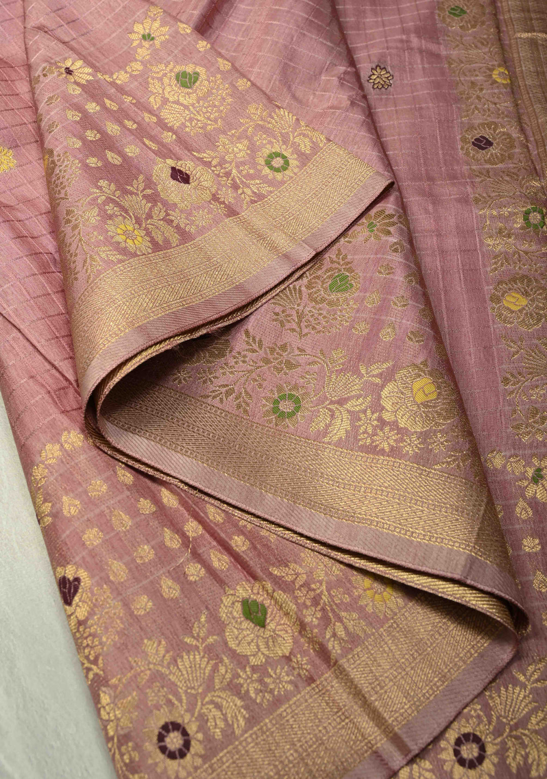 Dusty Mauve Self Checks on Banarasi Semi Crepe Saree with Meenakari Zari Detailing and Border