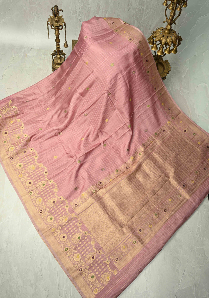 Dusty Mauve Self Checks on Banarasi Semi Crepe Saree with Meenakari Zari Detailing and Border