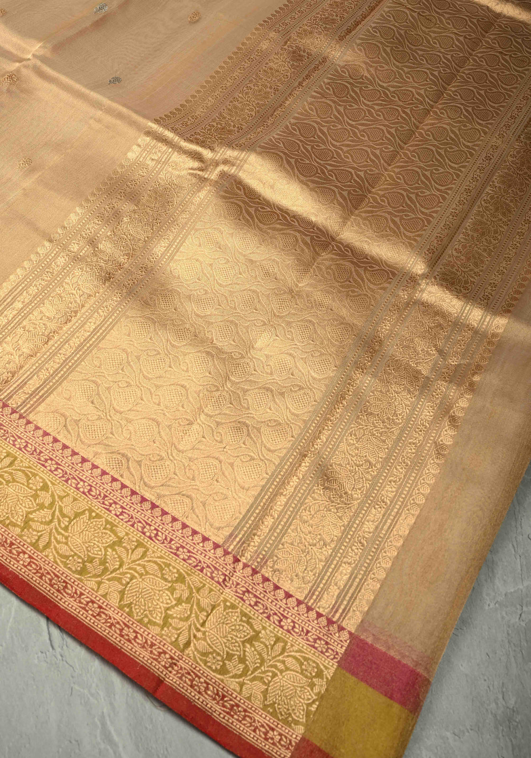 Gold Pure Banarasi Organza Tissue Silk Saree with Sona Rupa Buttas and Zari Border | SILK MARK CERTIFIED