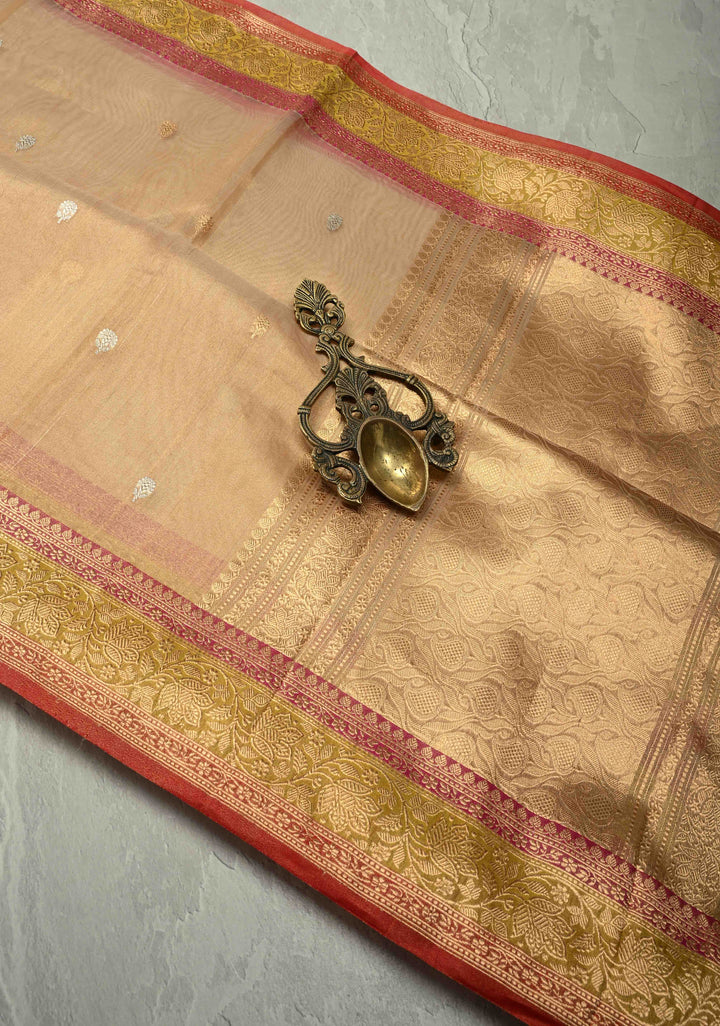 Gold Pure Banarasi Organza Tissue Silk Saree with Sona Rupa Buttas and Zari Border | SILK MARK CERTIFIED