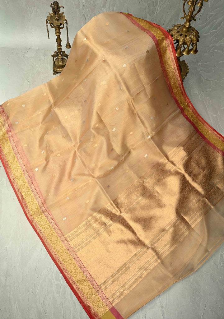 Gold Pure Banarasi Organza Tissue Silk Saree with Sona Rupa Buttas and Zari Border | SILK MARK CERTIFIED