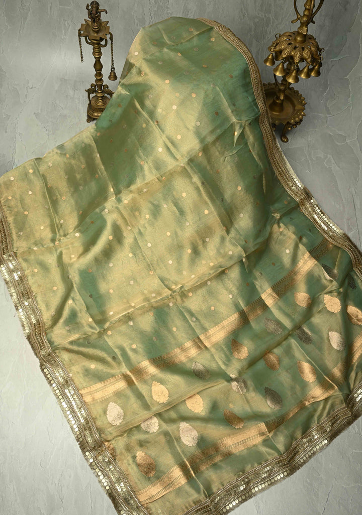 Green Organza Tissue Silk Saree with Kadhuwa Sona Rupa Zari Buttis and Fancy Lace Trim Border | SILK MARK CERTIFIED | SHOBITAM
