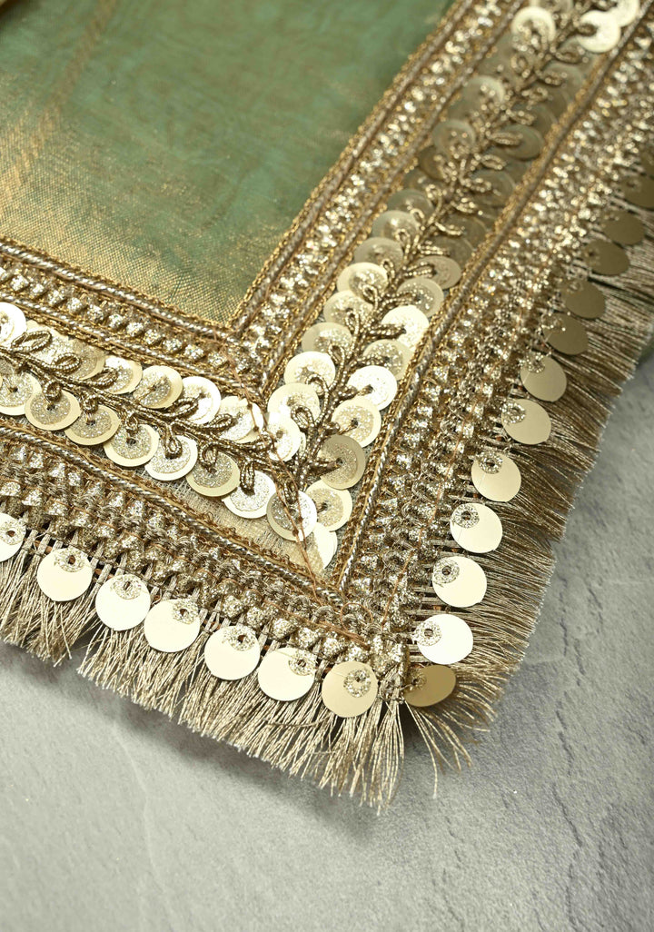 Green Organza Tissue Silk Saree with Kadhuwa Sona Rupa Zari Buttis and Fancy Lace Trim Border | SILK MARK CERTIFIED | SHOBITAM
