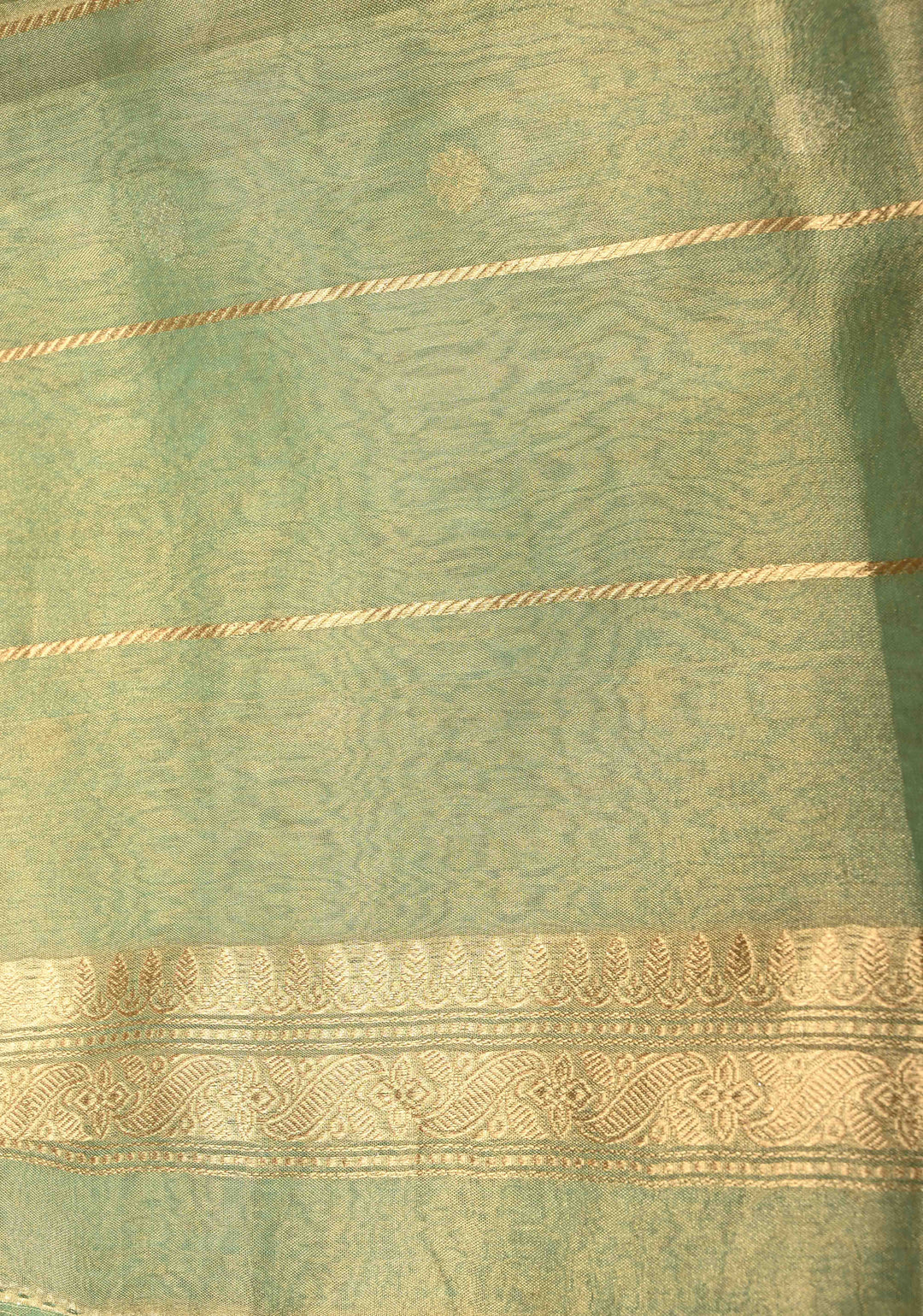 Green Organza Tissue Silk Saree with Kadhuwa Sona Rupa Zari Buttis and Fancy Lace Trim Border | SILK MARK CERTIFIED | SHOBITAM
