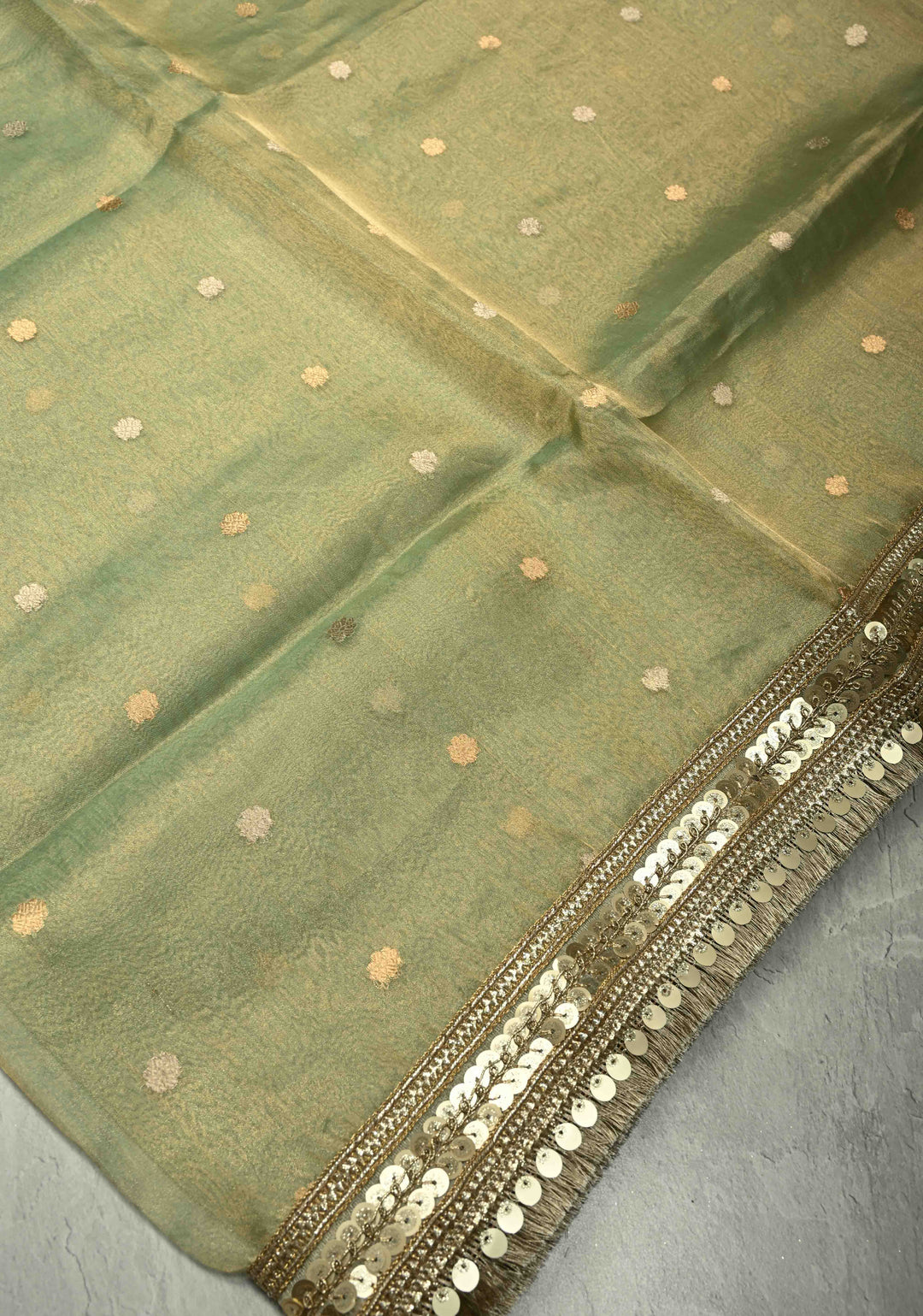 Green Organza Tissue Silk Saree with Kadhuwa Sona Rupa Zari Buttis and Fancy Lace Trim Border | SILK MARK CERTIFIED | SHOBITAM