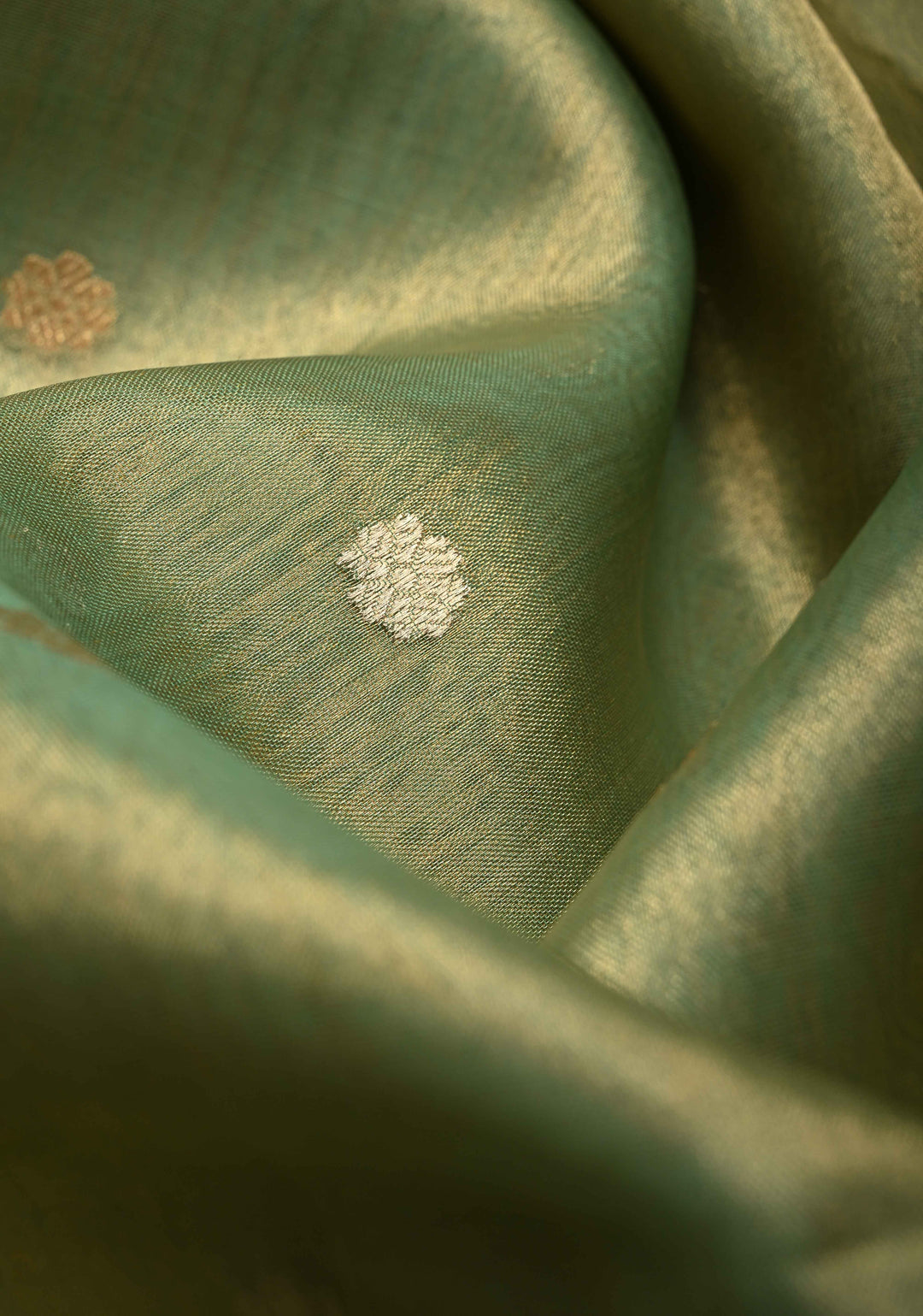 Green Organza Tissue Silk Saree with Kadhuwa Sona Rupa Zari Buttis and Fancy Lace Trim Border | SILK MARK CERTIFIED | SHOBITAM