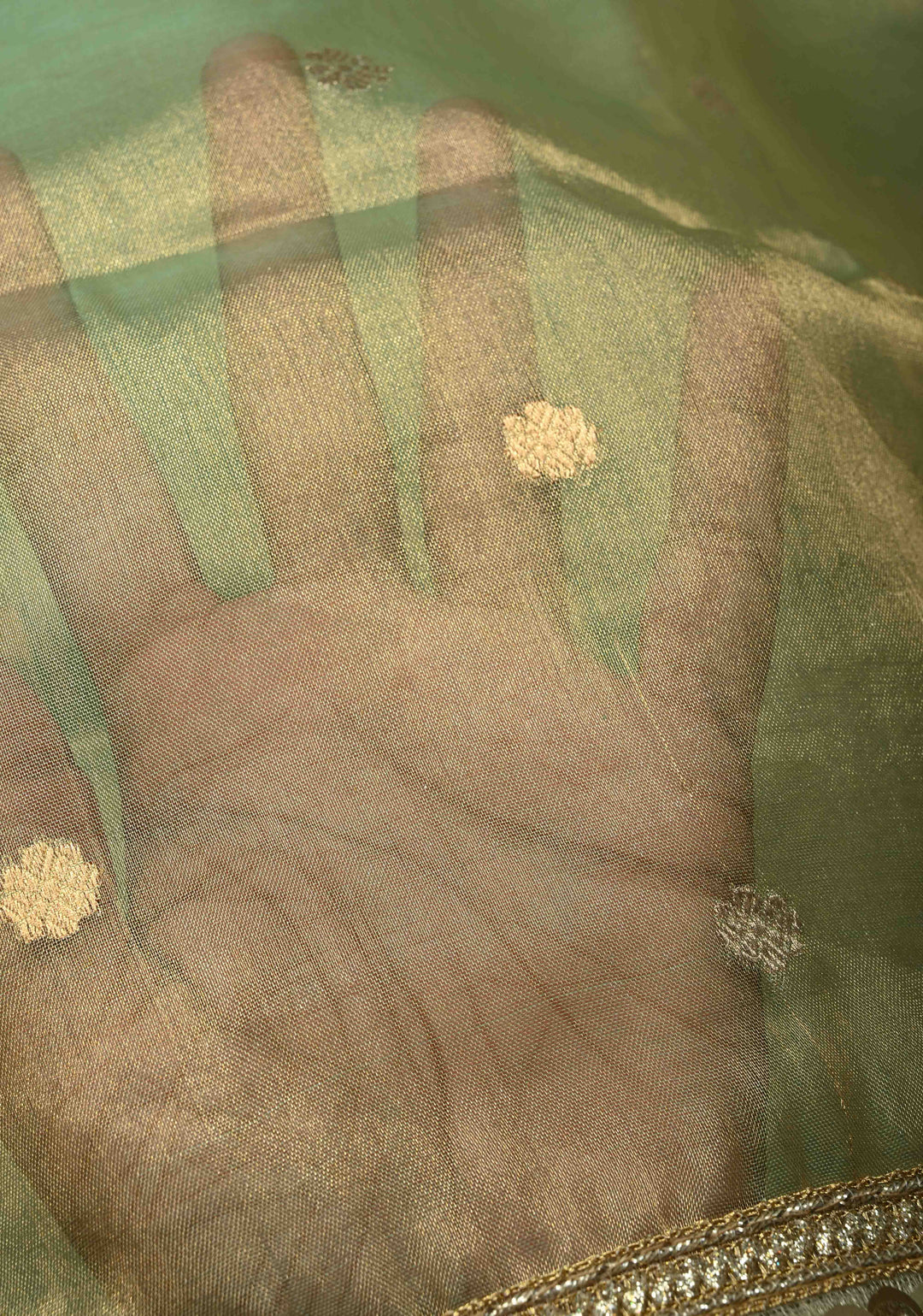 Green Organza Tissue Silk Saree with Kadhuwa Sona Rupa Zari Buttis and Fancy Lace Trim Border | SILK MARK CERTIFIED