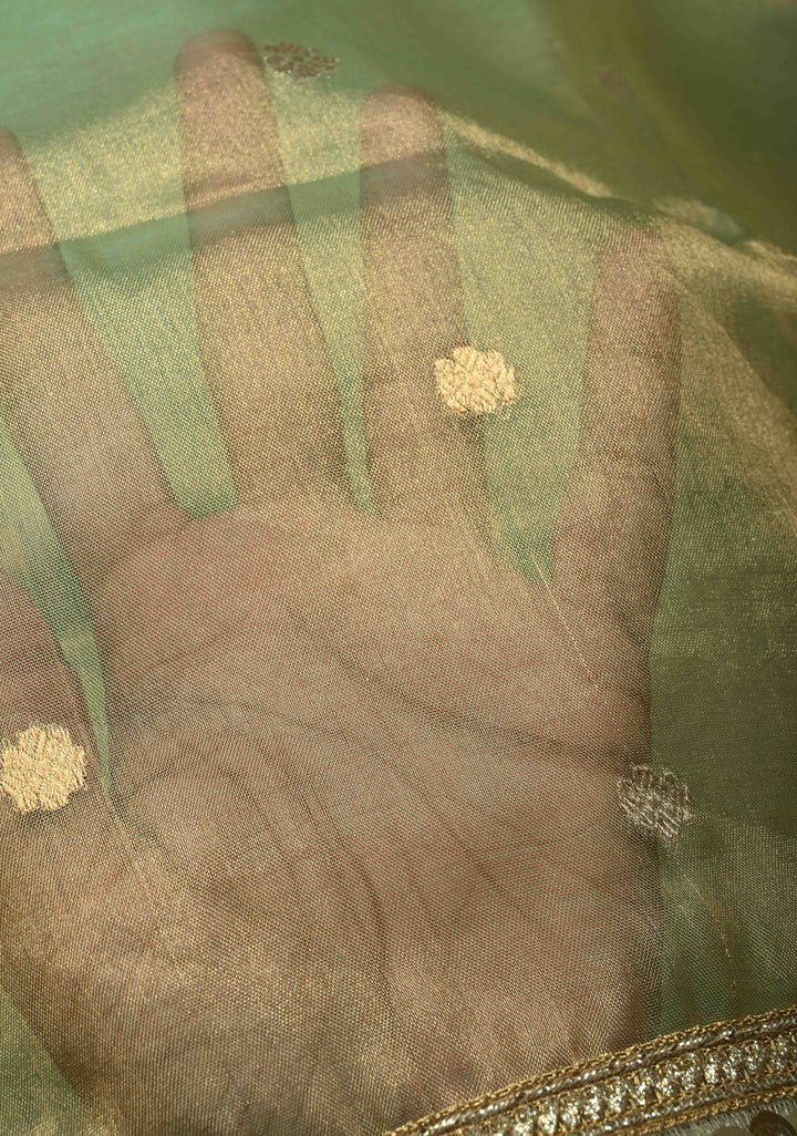 Green Organza Tissue Silk Saree with Kadhuwa Sona Rupa Zari Buttis and Fancy Lace Trim Border | SILK MARK CERTIFIED