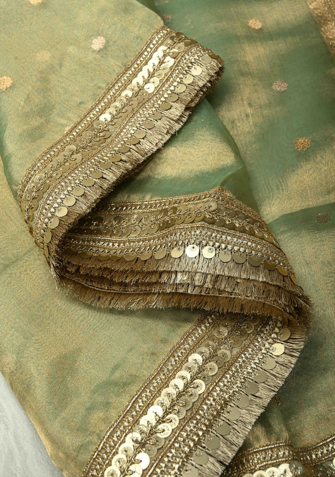 Green Organza Tissue Silk Saree with Kadhuwa Sona Rupa Zari Buttis and Fancy Lace Trim Border | SILK MARK CERTIFIED | SHOBITAM