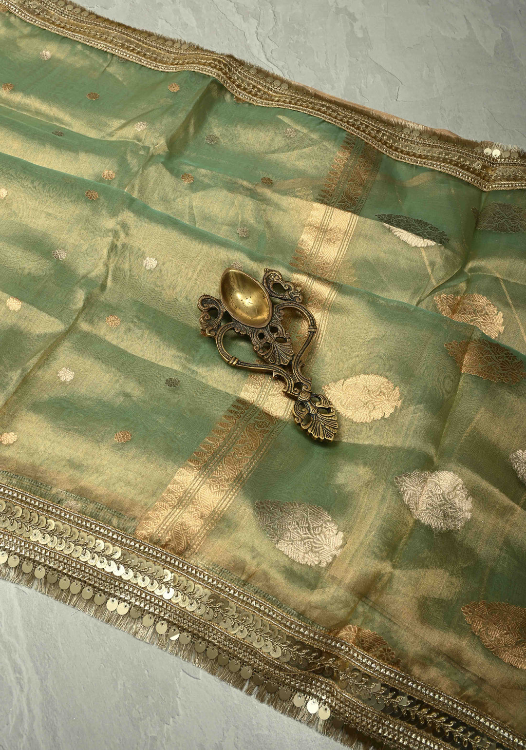 Green Organza Tissue Silk Saree with Kadhuwa Sona Rupa Zari Buttis and Fancy Lace Trim Border | SILK MARK CERTIFIED | SHOBITAM