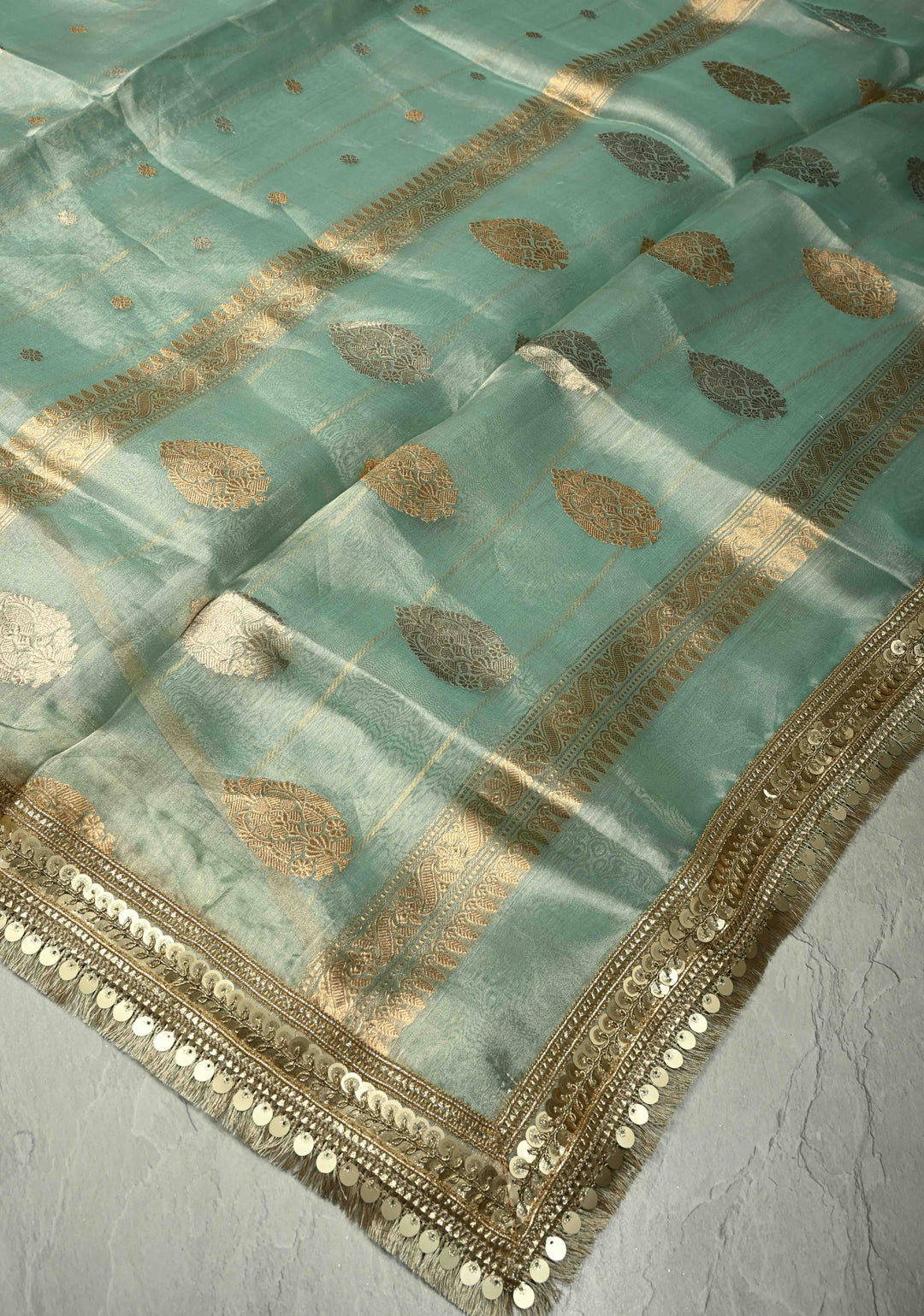 Turquoise Green Organza Tissue Silk Saree with Kadhuwa Sona Rupa Zari Buttis and Fancy Lace Trim Border | SILK MARK CERTIFIED