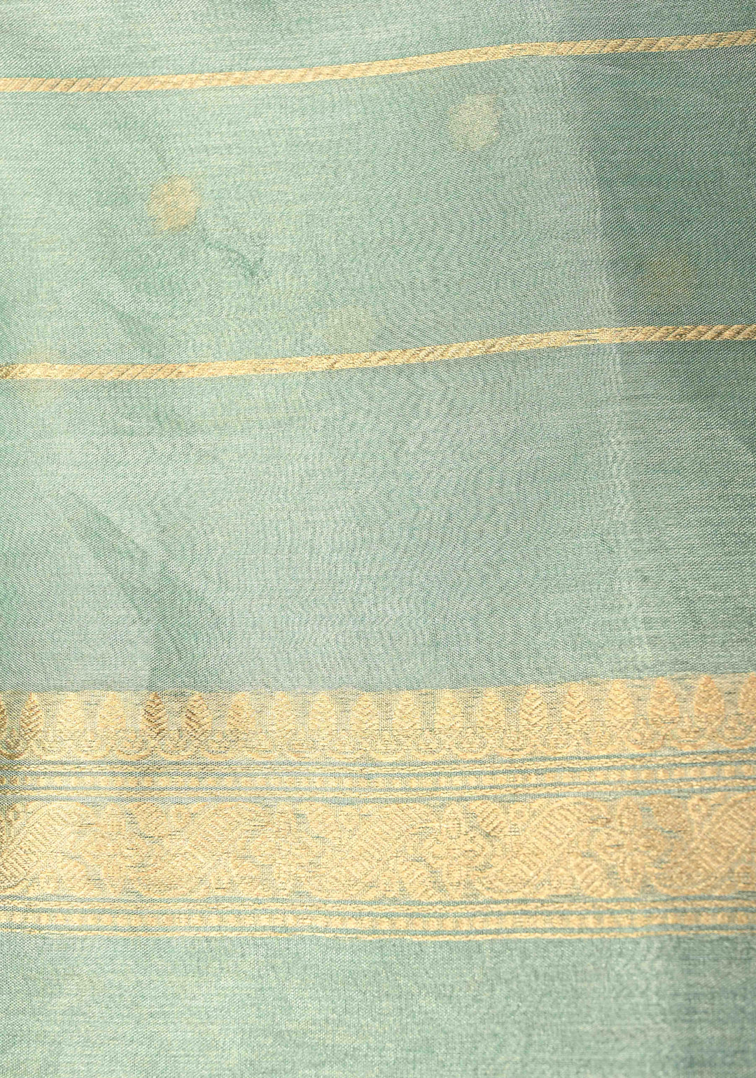 Turquoise Green Organza Tissue Silk Saree with Kadhuwa Sona Rupa Zari Buttis and Fancy Lace Trim Border | SILK MARK CERTIFIED