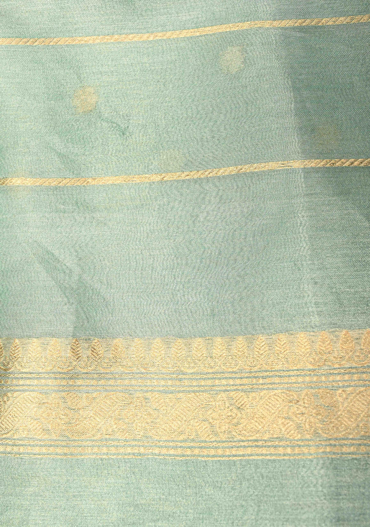 Turquoise Green Organza Tissue Silk Saree with Kadhuwa Sona Rupa Zari Buttis and Fancy Lace Trim Border | SILK MARK CERTIFIED