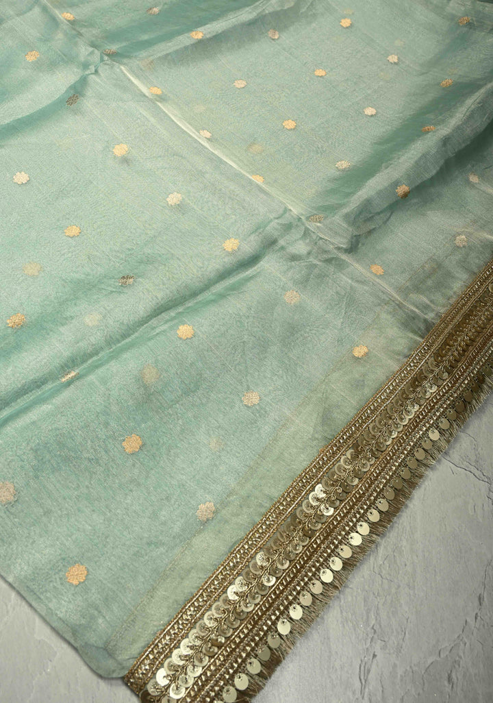 Turquoise Green Organza Tissue Silk Saree with Kadhuwa Sona Rupa Zari Buttis and Fancy Lace Trim Border | SILK MARK CERTIFIED