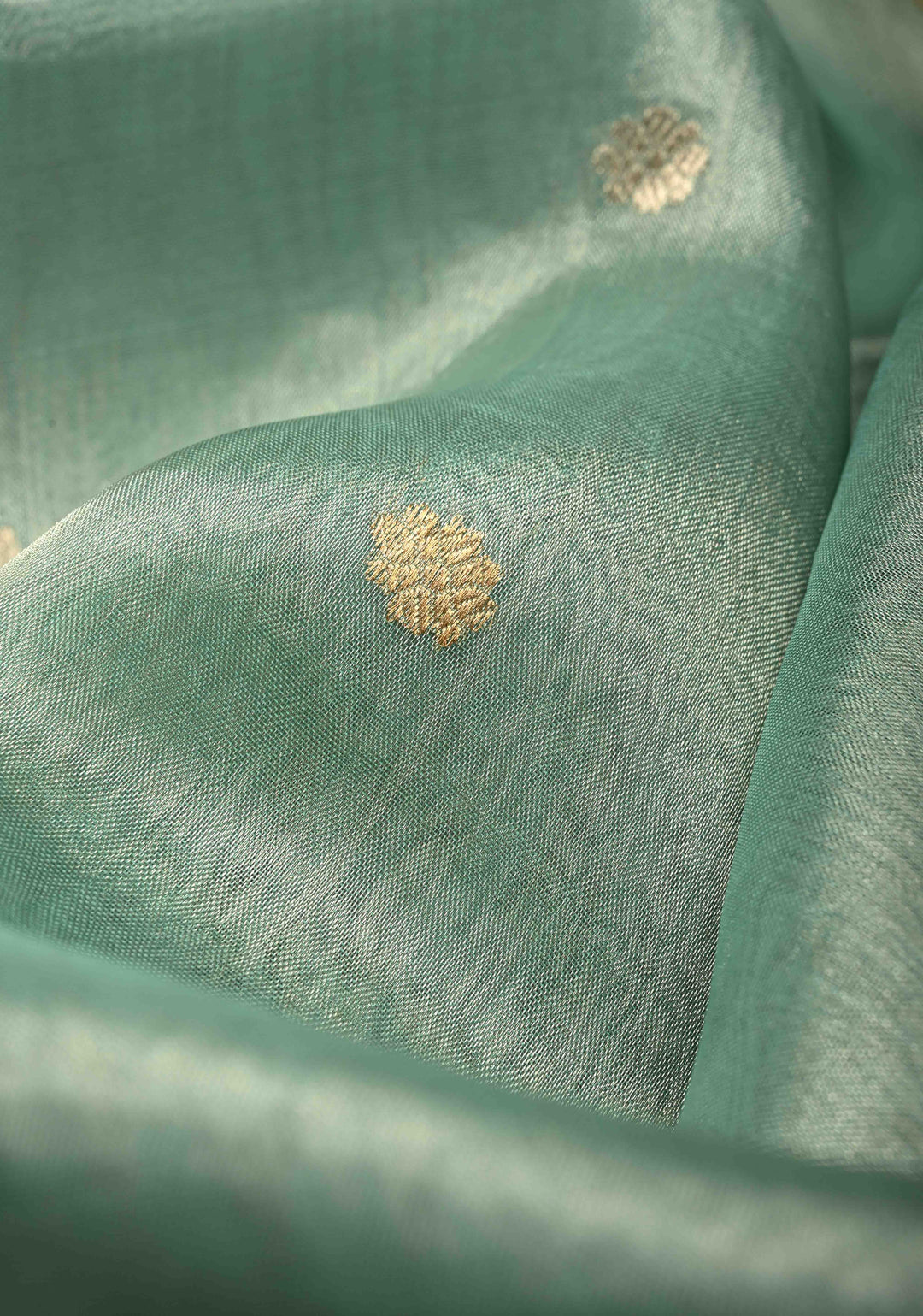 Turquoise Green Organza Tissue Silk Saree with Kadhuwa Sona Rupa Zari Buttis and Fancy Lace Trim Border | SILK MARK CERTIFIED