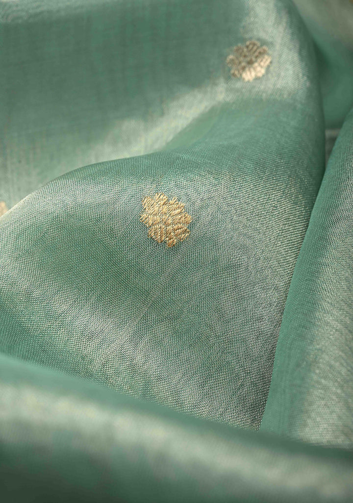 Turquoise Green Organza Tissue Silk Saree with Kadhuwa Sona Rupa Zari Buttis and Fancy Lace Trim Border | SILK MARK CERTIFIED