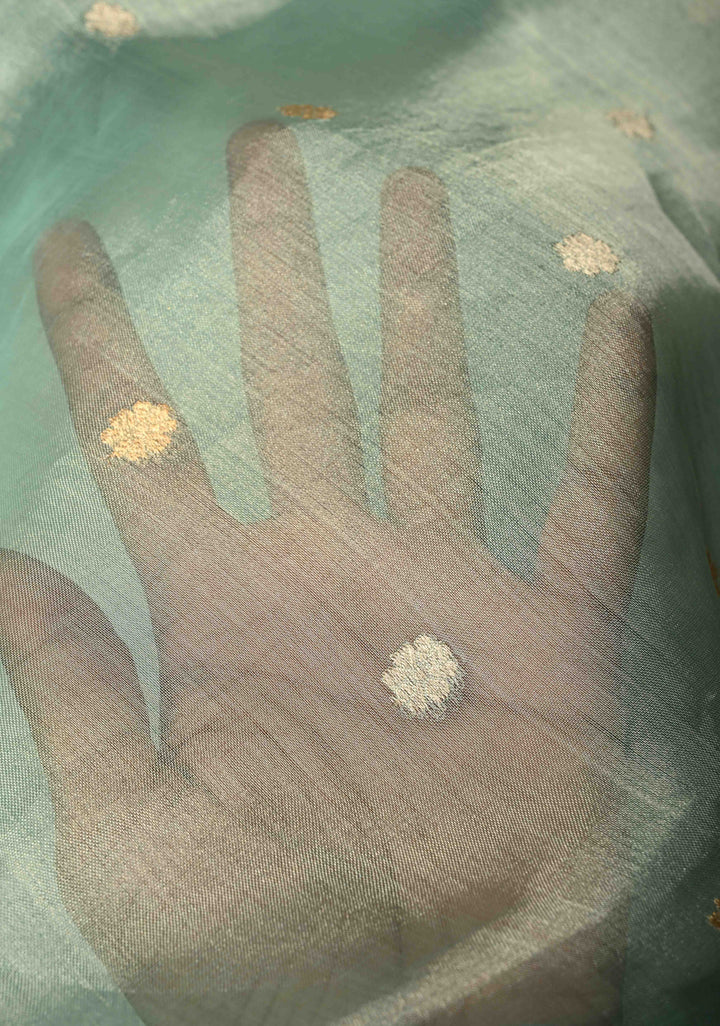 Turquoise Green Organza Tissue Silk Saree with Kadhuwa Sona Rupa Zari Buttis and Fancy Lace Trim Border | SILK MARK CERTIFIED