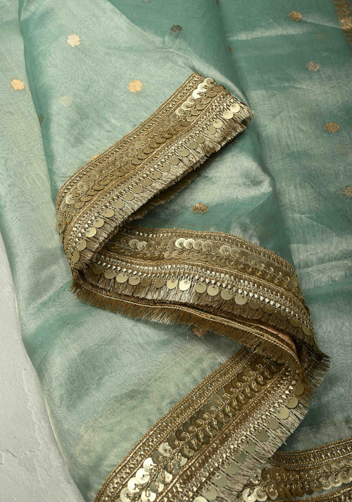 Turquoise Green Organza Tissue Silk Saree with Kadhuwa Sona Rupa Zari Buttis and Fancy Lace Trim Border | SILK MARK CERTIFIED