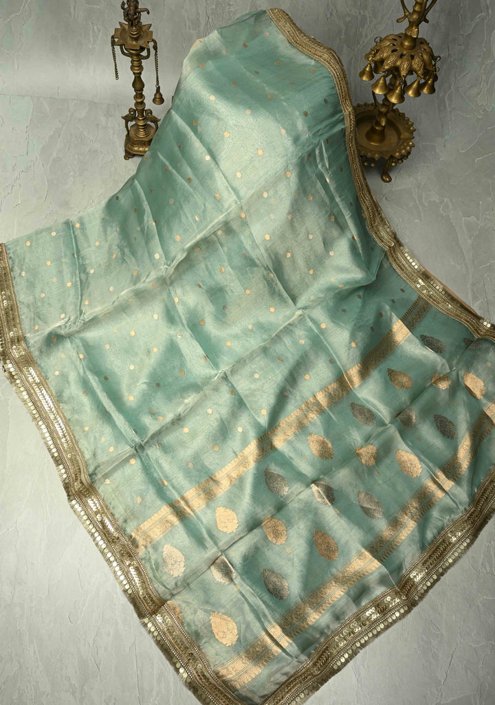 Turquoise Green Organza Tissue Silk Saree with Kadhuwa Sona Rupa Zari Buttis and Fancy Lace Trim Border | SILK MARK CERTIFIED