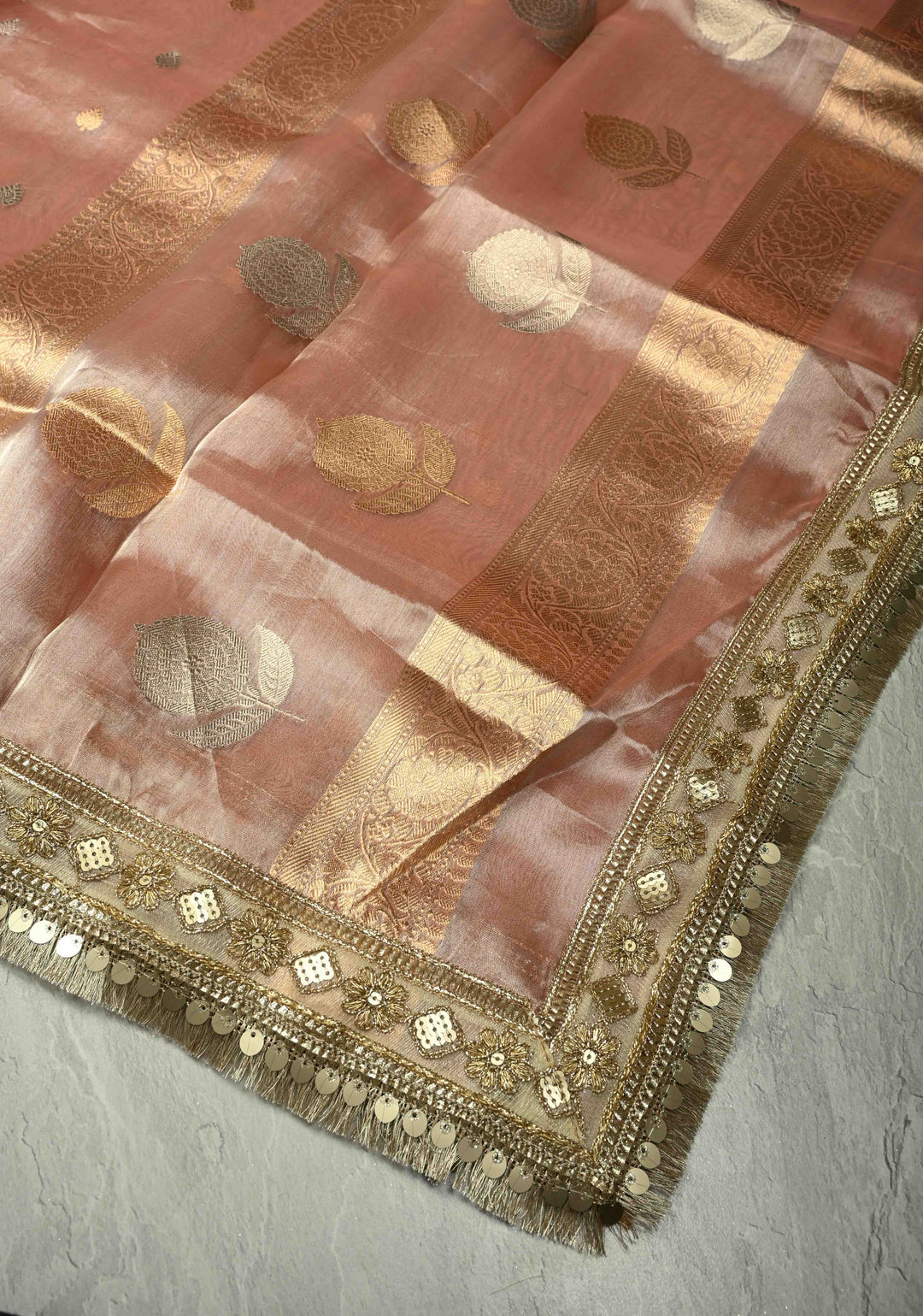 Dusty Rose Organza Tissue Silk Saree with Kadhuwa Sona Rupa Zari Buttis and Fancy Lace Trim Border | SILK MARK CERTIFIED