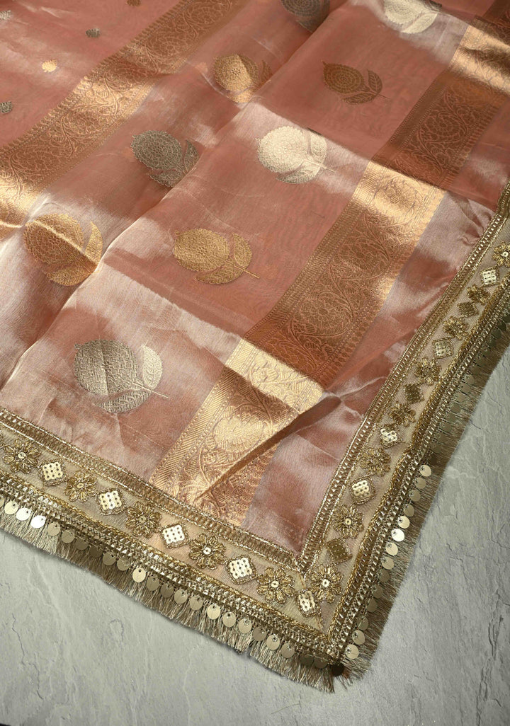 Dusty Rose Organza Tissue Silk Saree with Kadhuwa Sona Rupa Zari Buttis and Fancy Lace Trim Border | SILK MARK CERTIFIED