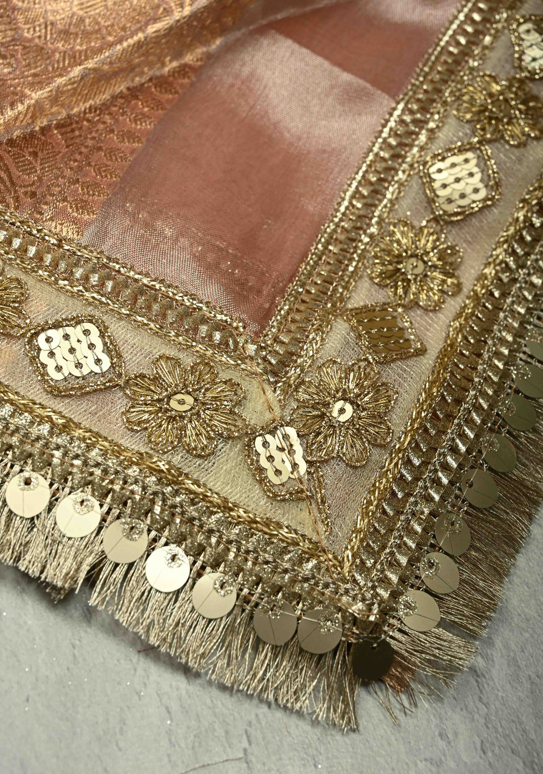 Dusty Rose Organza Tissue Silk Saree with Kadhuwa Sona Rupa Zari Buttis and Fancy Lace Trim Border | SILK MARK CERTIFIED