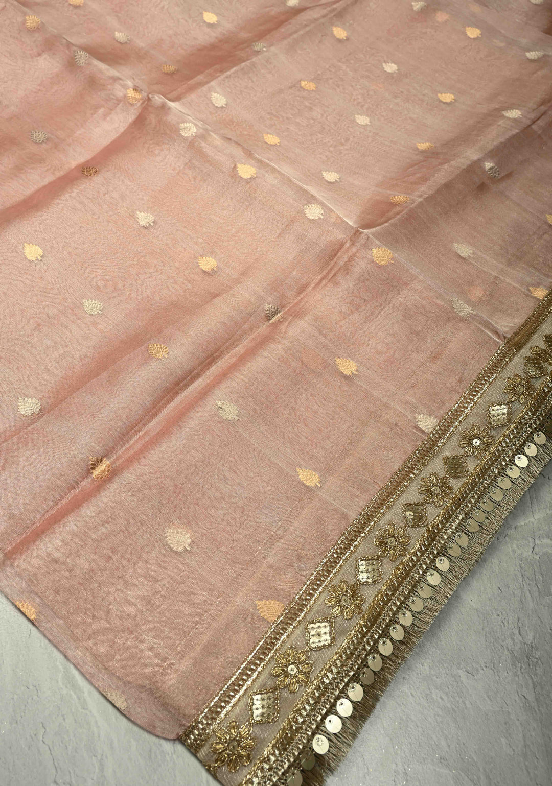 Dusty Rose Organza Tissue Silk Saree with Kadhuwa Sona Rupa Zari Buttis and Fancy Lace Trim Border | SILK MARK CERTIFIED