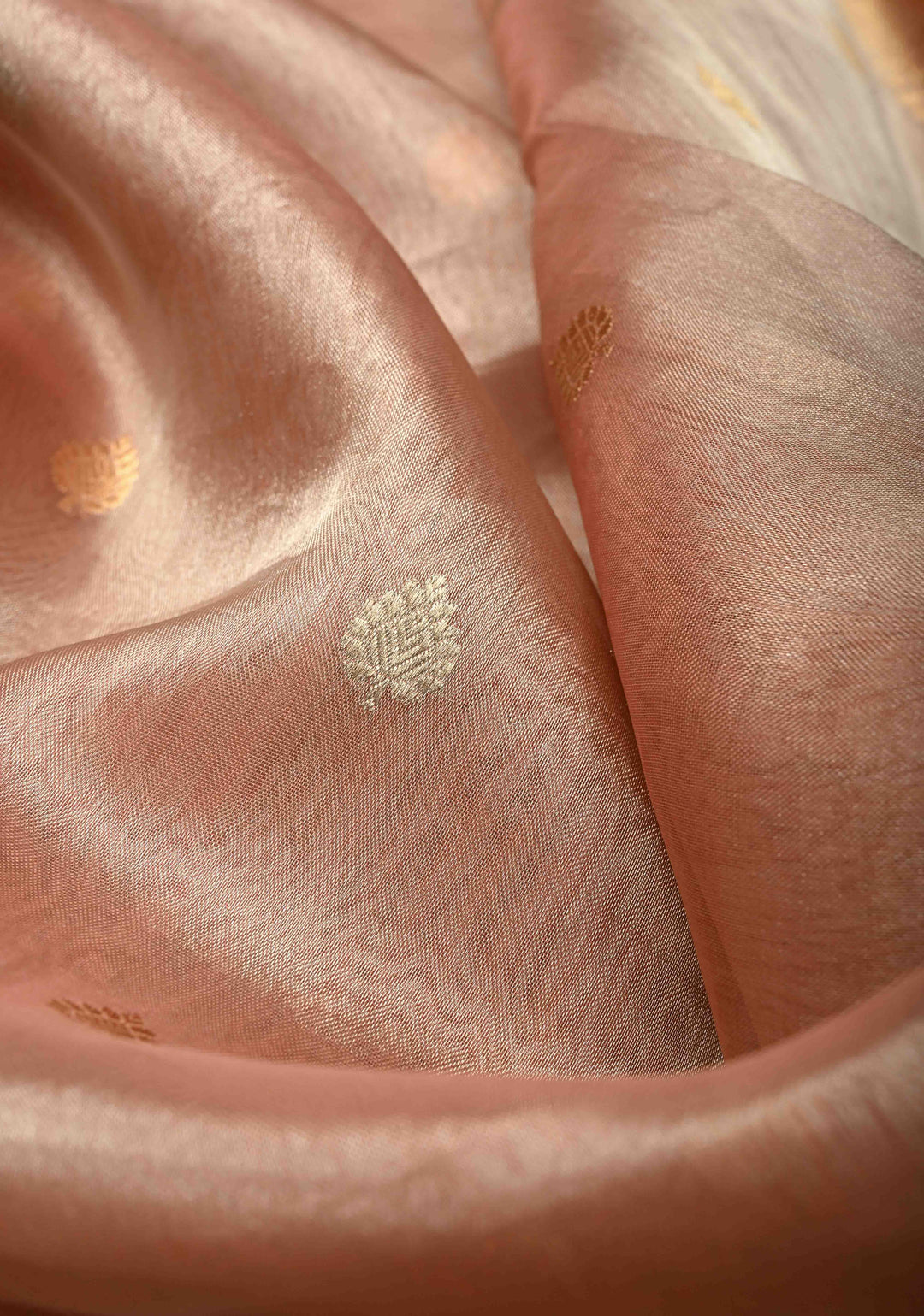 Dusty Rose Organza Tissue Silk Saree with Kadhuwa Sona Rupa Zari Buttis and Fancy Lace Trim Border | SILK MARK CERTIFIED