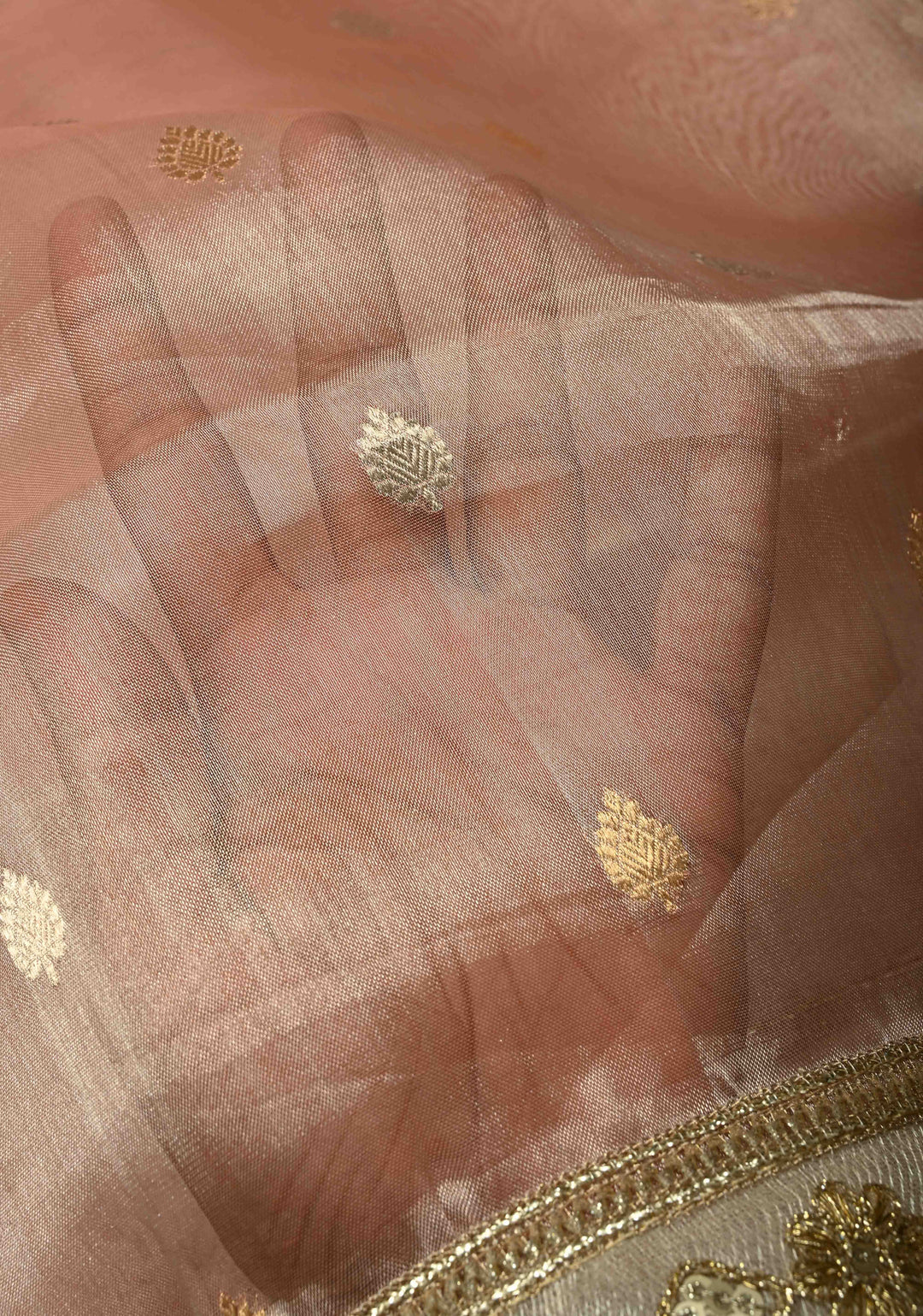 Dusty Rose Organza Tissue Silk Saree with Kadhuwa Sona Rupa Zari Buttis and Fancy Lace Trim Border | SILK MARK CERTIFIED