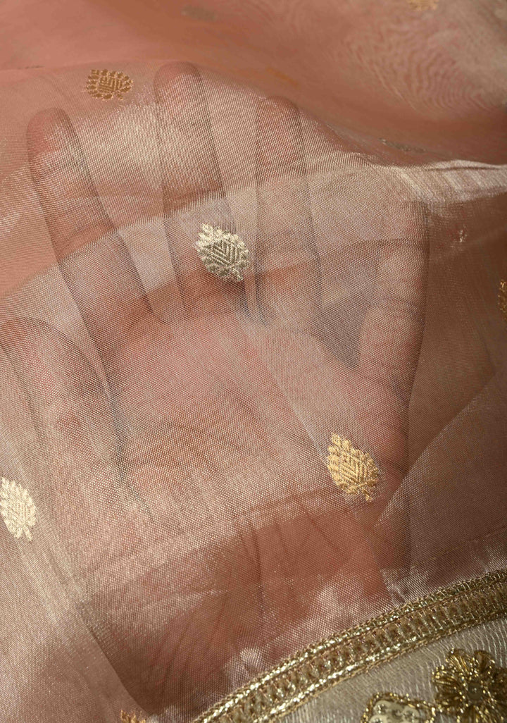 Dusty Rose Organza Tissue Silk Saree with Kadhuwa Sona Rupa Zari Buttis and Fancy Lace Trim Border | SILK MARK CERTIFIED