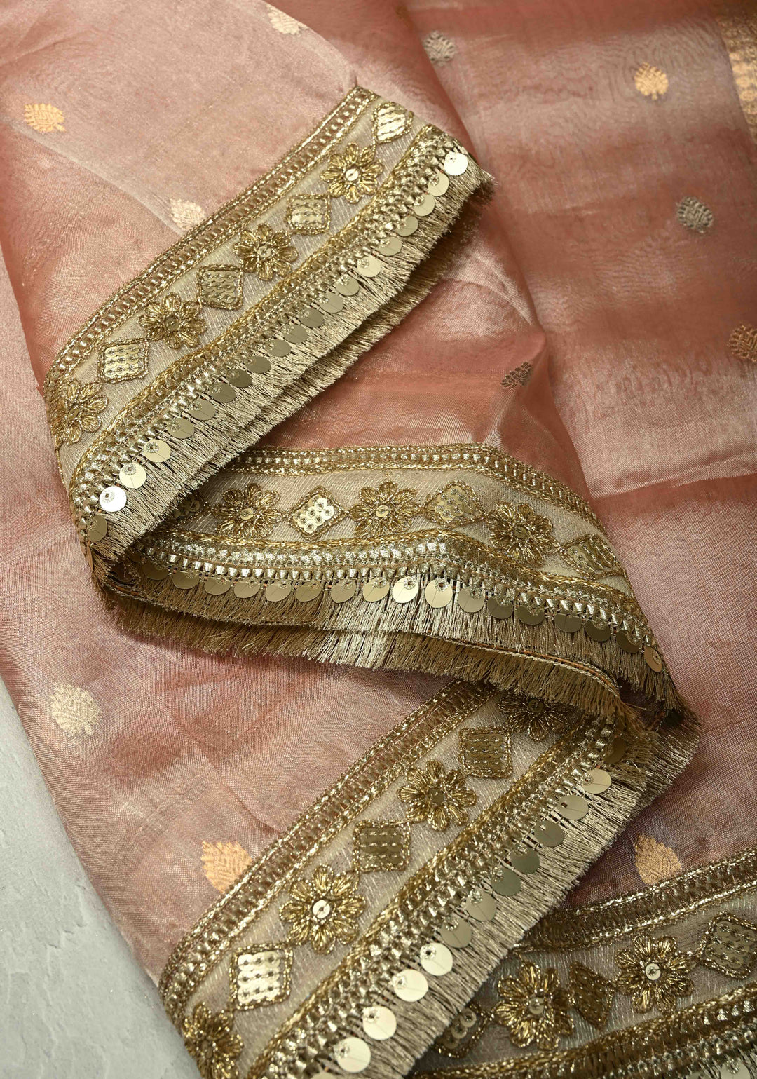 Dusty Rose Organza Tissue Silk Saree with Kadhuwa Sona Rupa Zari Buttis and Fancy Lace Trim Border | SILK MARK CERTIFIED